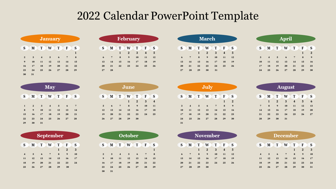 2022 calendar template with monthly grids from January to December, featuring colorful month headers.