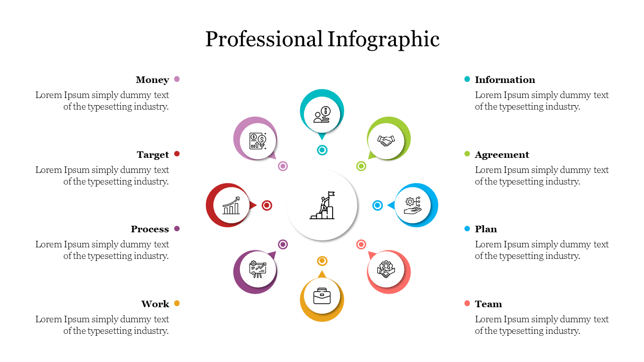 Professional infographic layout with eight colorful circular icons representing various business related terms.