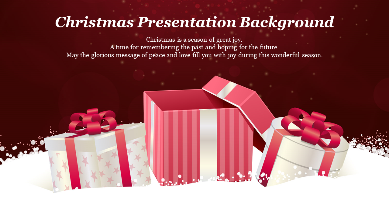 Christmas themed background with open gift boxes, red ribbons, and stars, set against a dark red snowy backdrop.