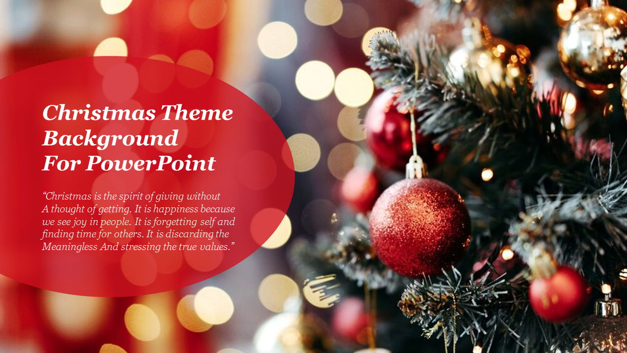 Christmas tree with red and gold ornaments and a quote about the spirit of giving for a PowerPoint background.