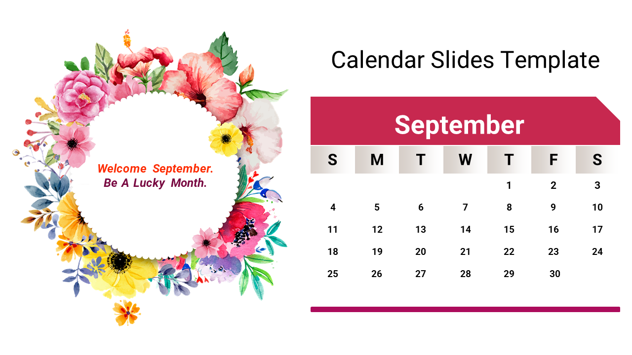 Colorful calendar slide for september with floral design, featuring a motivational message for a lucky month.