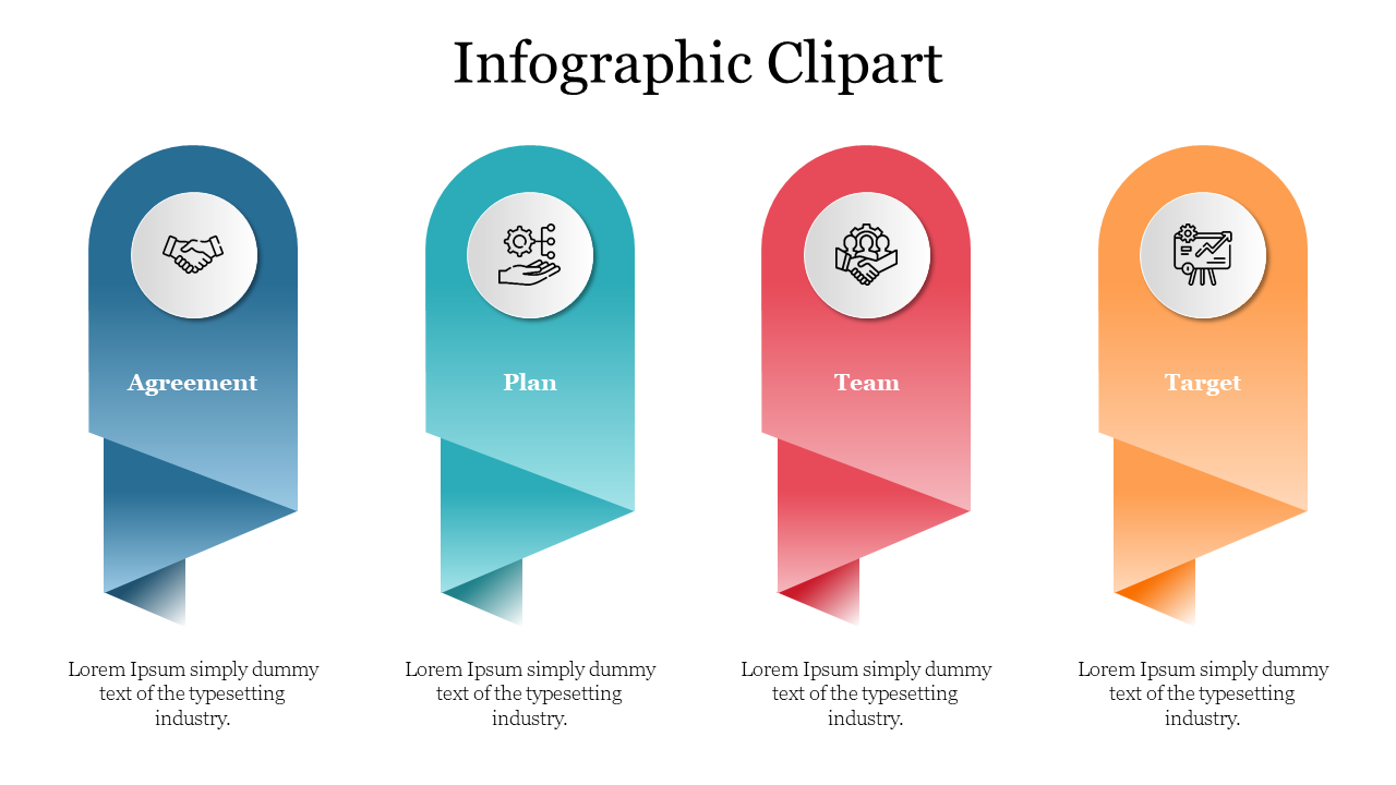 Four step infographic clipart with icons for Agreement, Plan, Team, and Target in blue, teal, red, and orange tones.