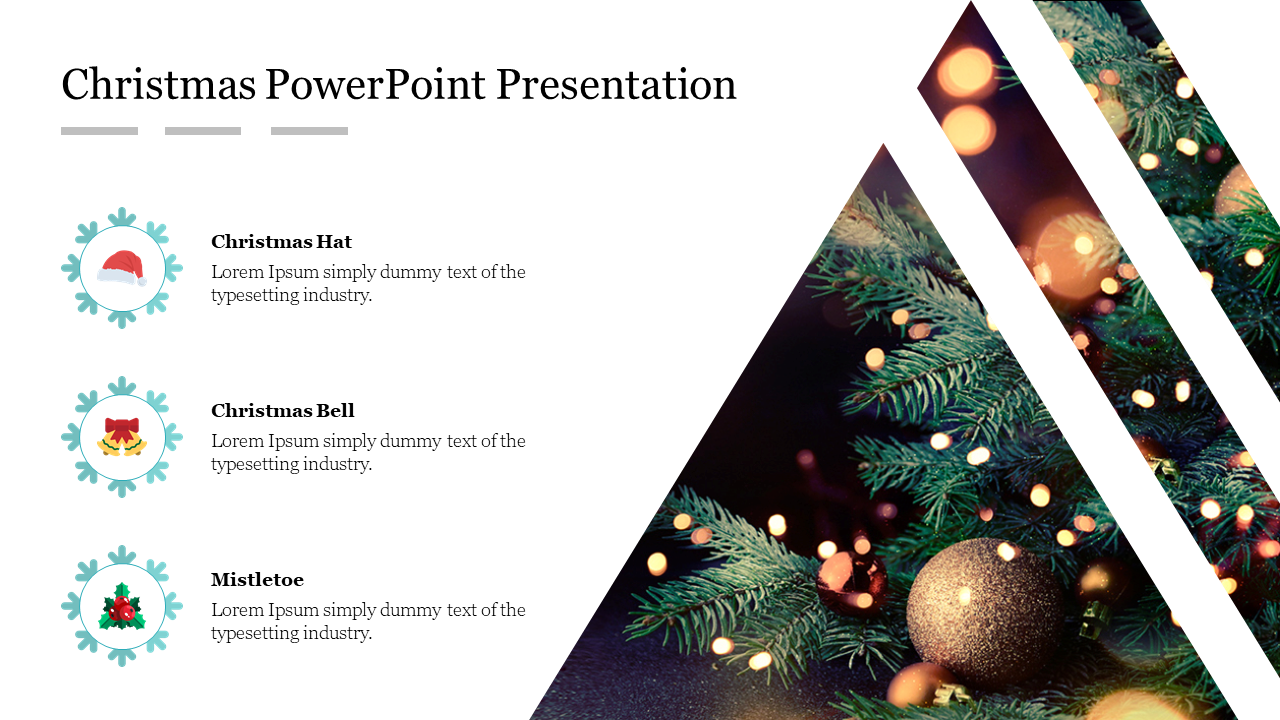 Christmas presentation slide featuring a tree branch with festive decorations and glowing lights, with icons.