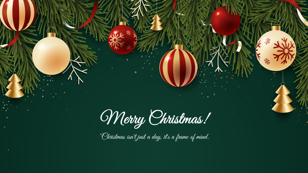 Christmas-themed banner with hanging red and gold ornaments and pine branches on a dark green background.