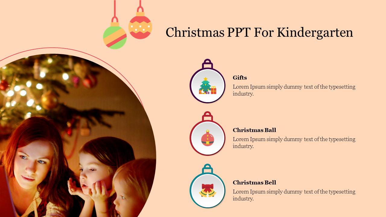 Slide for a kindergarten Christmas PPT with a festive family image and descriptions of gifts, balls, and bells.