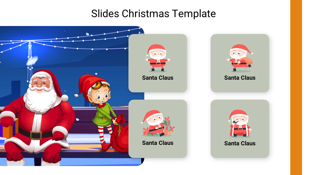 Christmas themed slide with Santa and an elf, along with four Santa icons on the right, set against a snowy blue background.