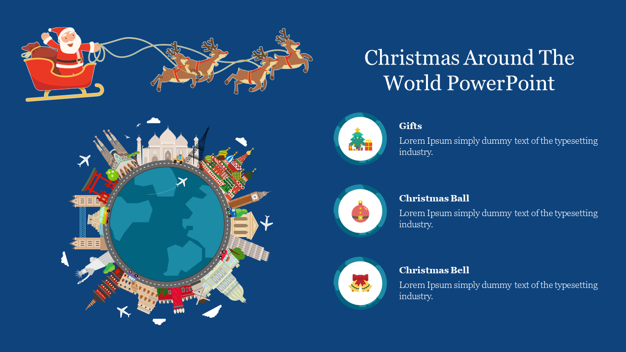 Christmas slide featuring a globe surrounded by landmarks, Santa flying with reindeer, and three icons, on a blue backdrop.