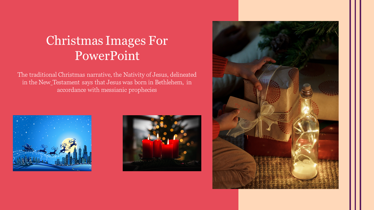 Christmas PowerPoint slide with festive images, including Santa’s sleigh, candles, and gift wrapping.