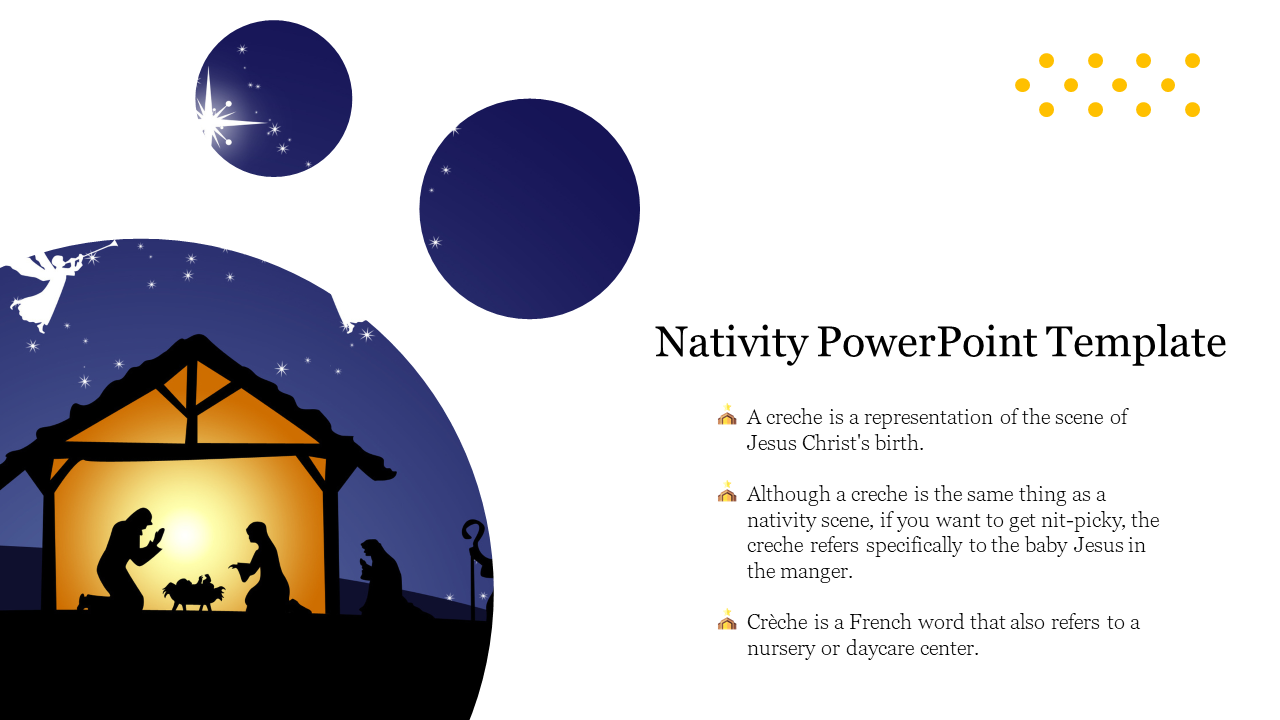 Nativity scene silhouette in black and yellow under a starry sky, with two blue circles and text, on a white background.