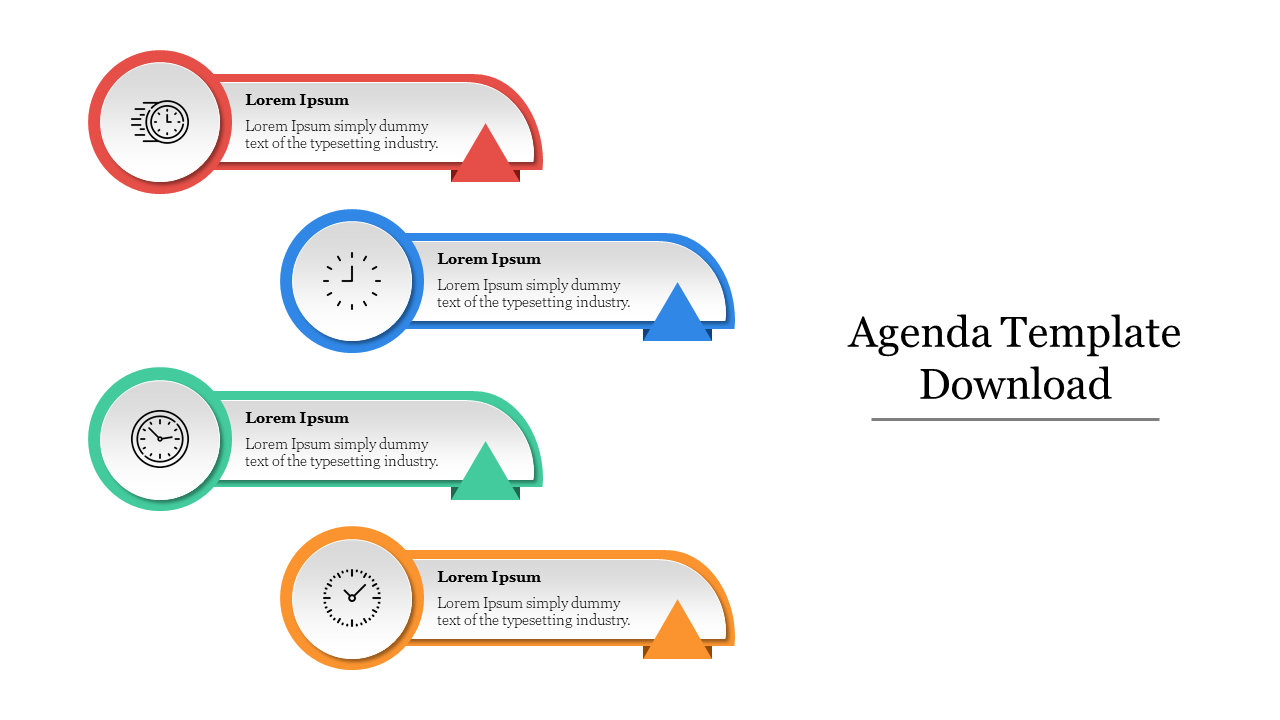 Agenda slide with four colorful arrow shaped segments in red, blue, green, and orange, each with clock icons and text.