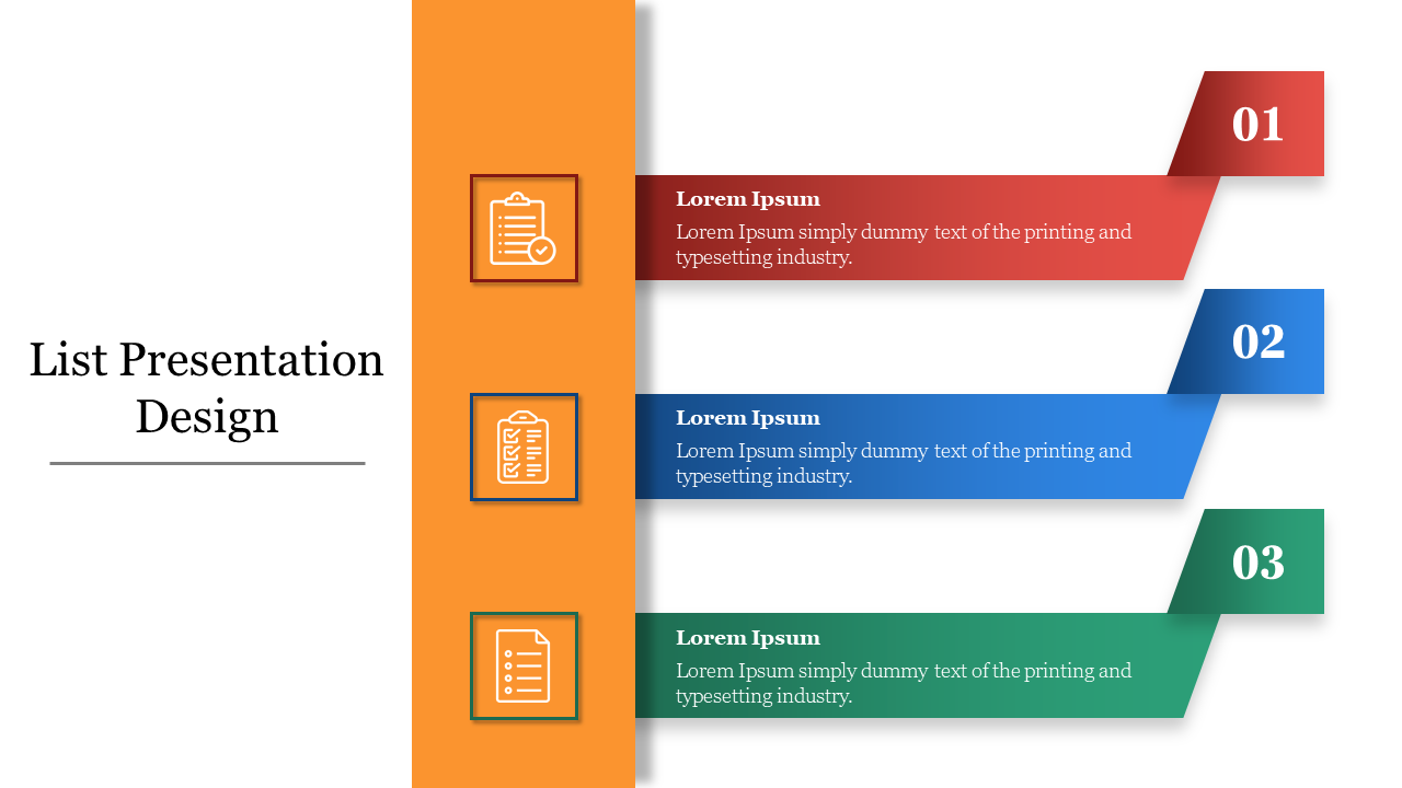 Three numbered horizontal colored banners with icons on the left side, aligned next to a vertical orange strip.