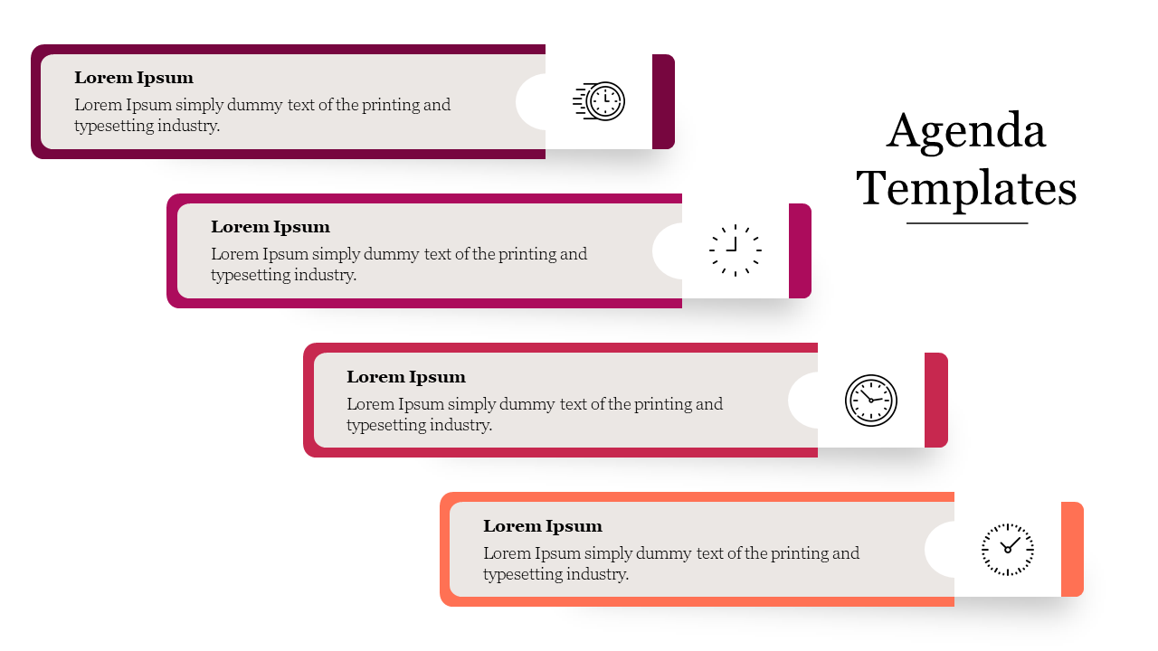 Four horizontal agenda sections with red and orange gradient borders and clock icons on the right.