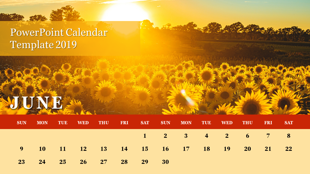 June calendar layout featuring red days banner, with sunflowers in a golden field and a vibrant sunset in the background.