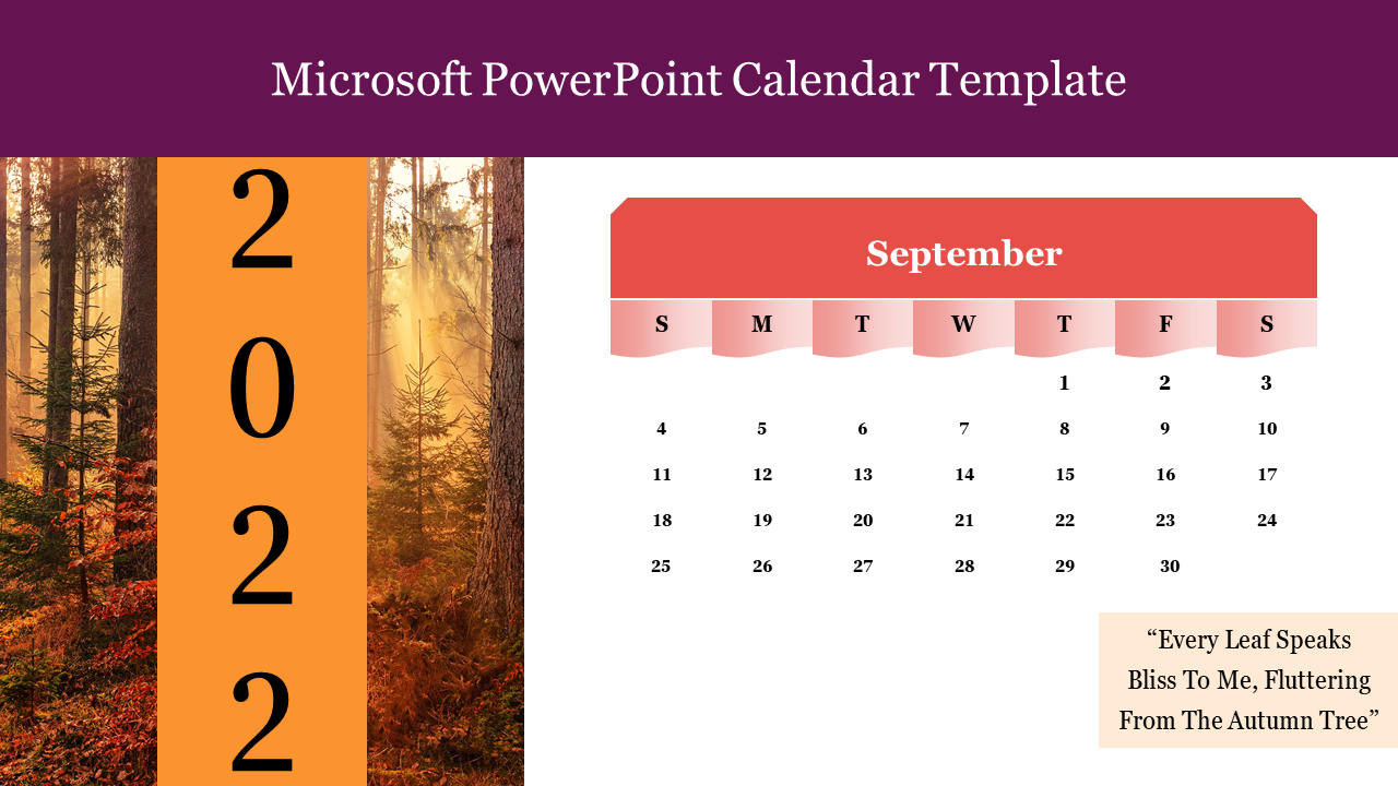 Microsoft September 2022 calendar template with an autumn forest background and a quote about the beauty of autumn leaves.