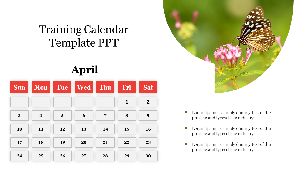 An April training calendar slide with a floral design and a butterfly image on a green overlay.