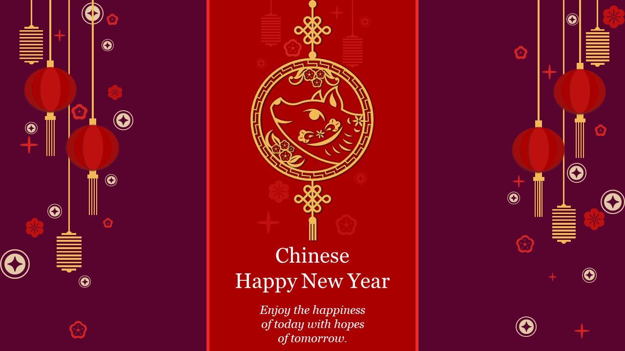 Lunar new year slide featuring a red and gold design with hanging lanterns and a circular ornament depicting a rabbit.