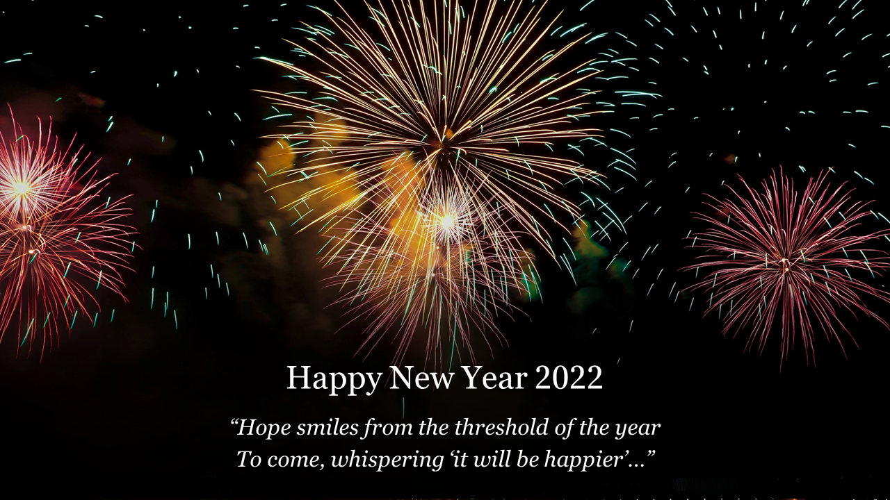 Exploding fireworks with bright colors against a black background, paired with New Year wishes and an uplifting quote.