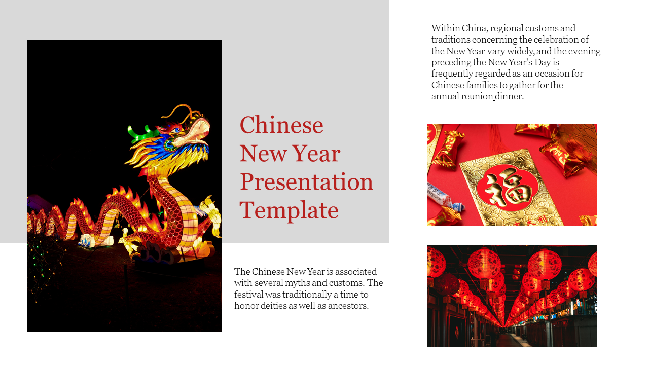 Chinese New Year PowerPoint template featuring a dragon lantern, red envelopes, and red lantern decorations.