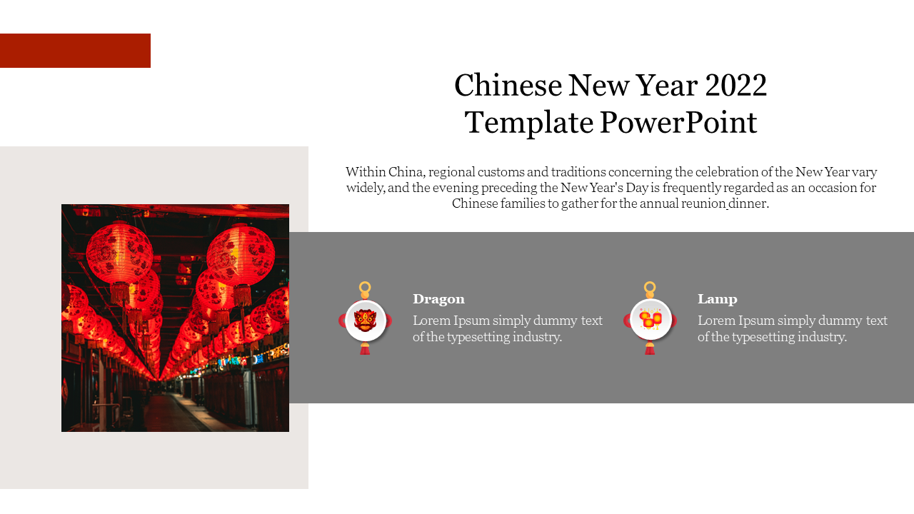 Chinese New Year 2022 PowerPoint template with red lanterns and descriptions of cultural elements like dragons and lamps.