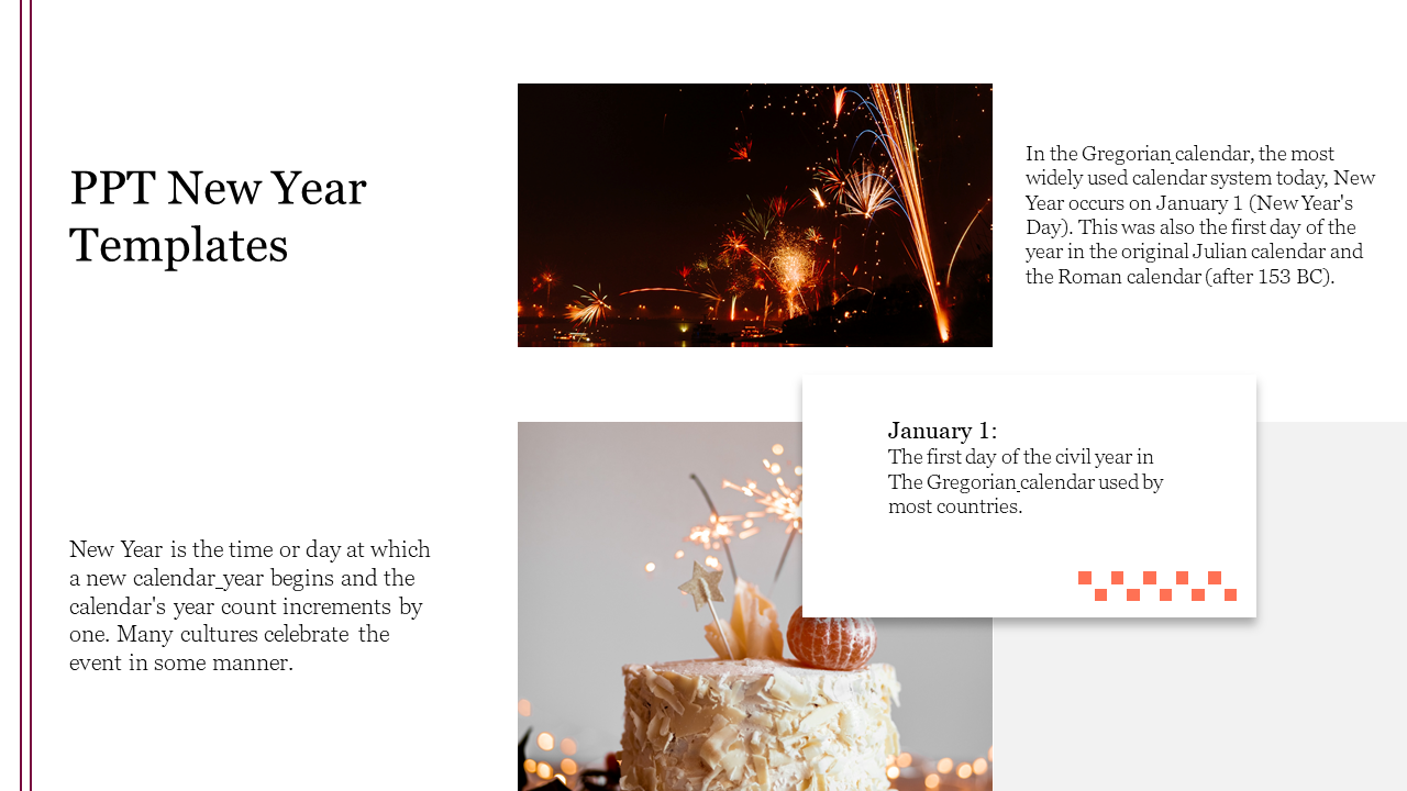 PowerPoint slide featuring New Year celebrations with fireworks and a festive cake design.