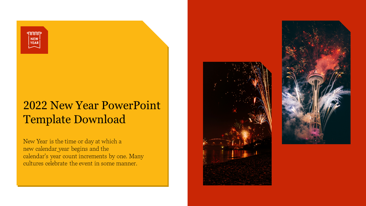 New Year-themed slide with a yellow box containing a description and two images of fireworks against a dark sky on the right.