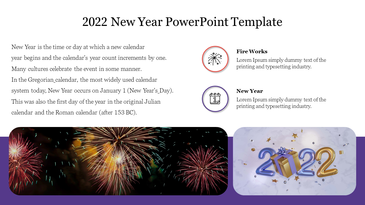 2022 themed slide with fireworks image, gift box, and icons for celebration, detailing new year.