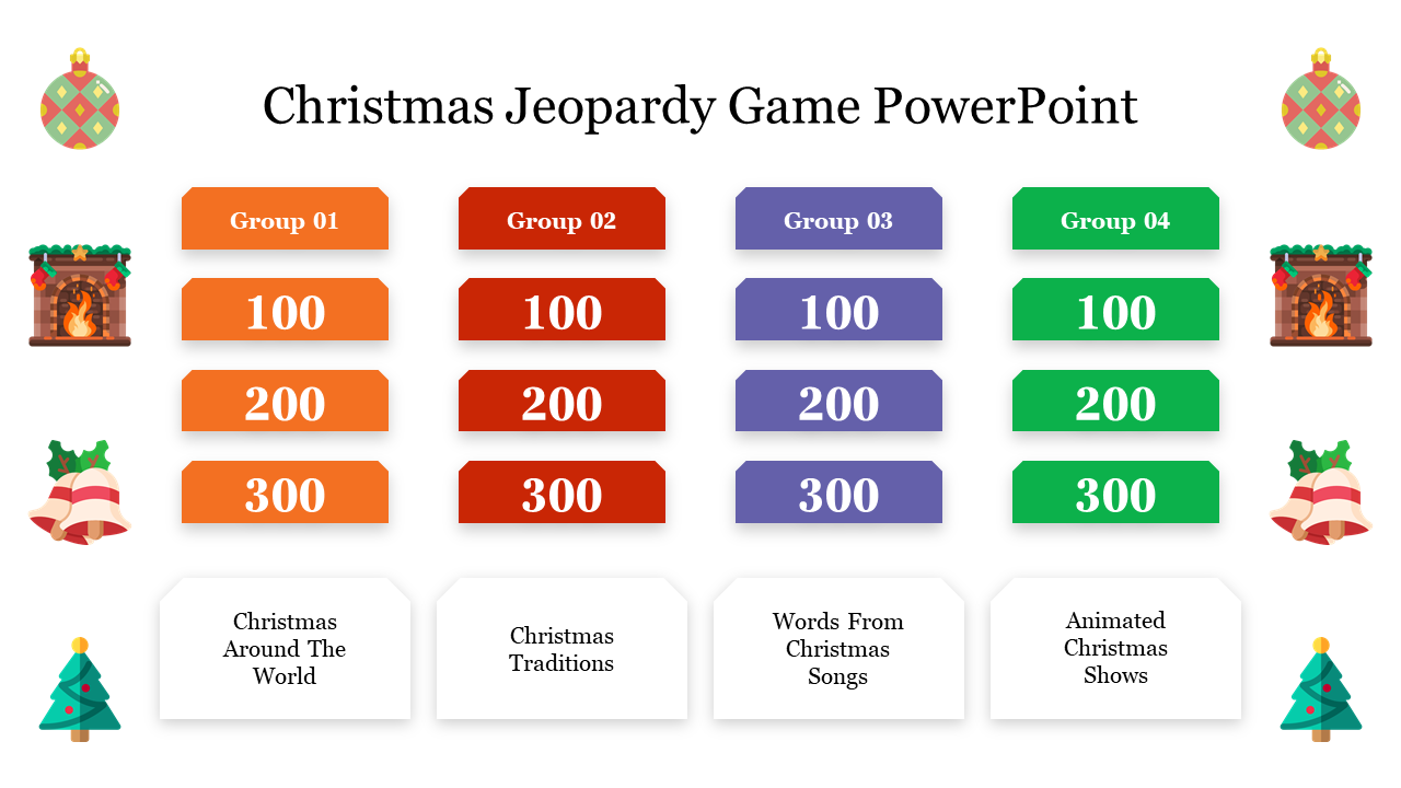 Holiday Jeopardy game slide with four groups labeled in red, orange, purple, and green, each with different point values.