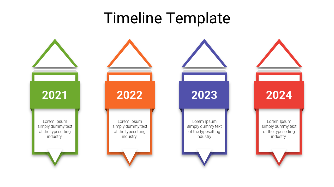 Timeline design featuring four upward arrows with year labels in green, orange, blue, and red with text boxes beneath.