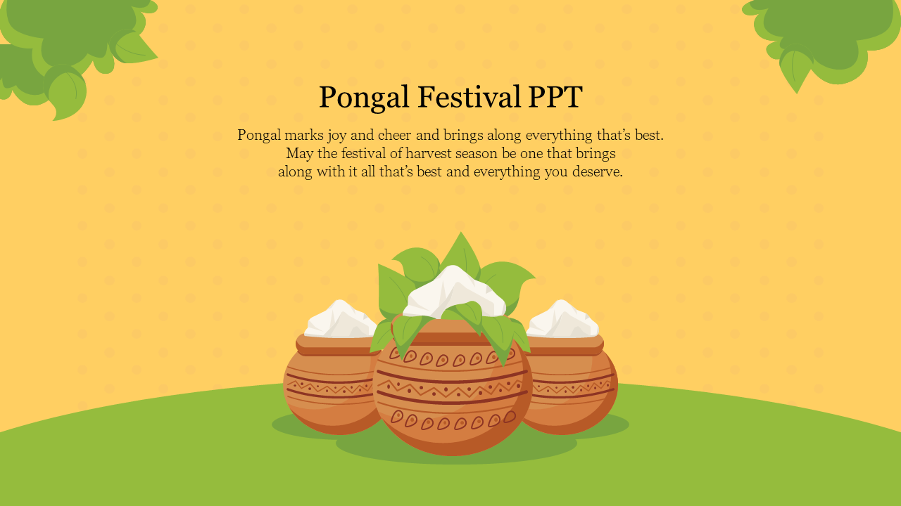 Three traditional pongal pots filled with rice, decorated with leaves, set against a yellow background with green foliage.