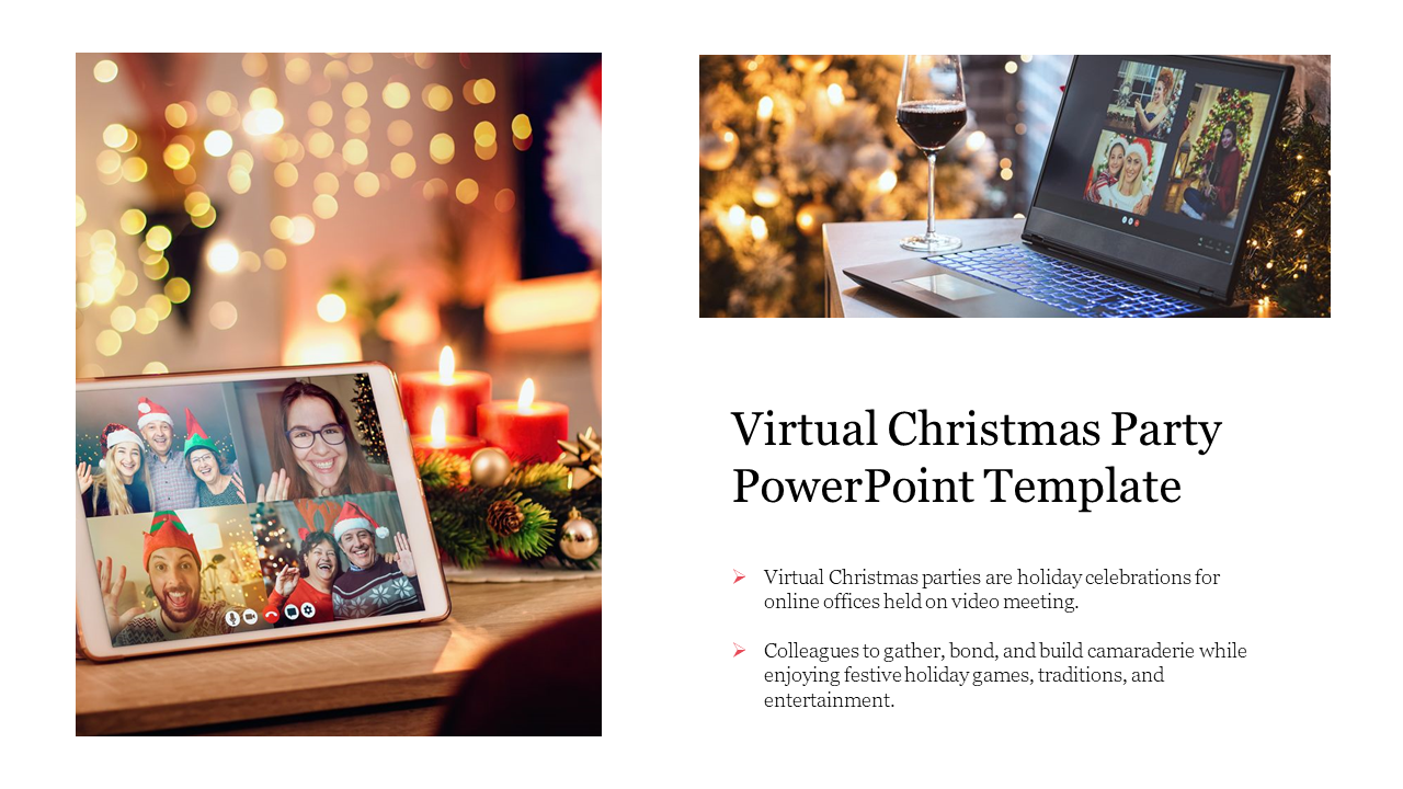 Festive-themed virtual Christmas party slide, featuring video call screenshots with holiday decor and party text details.