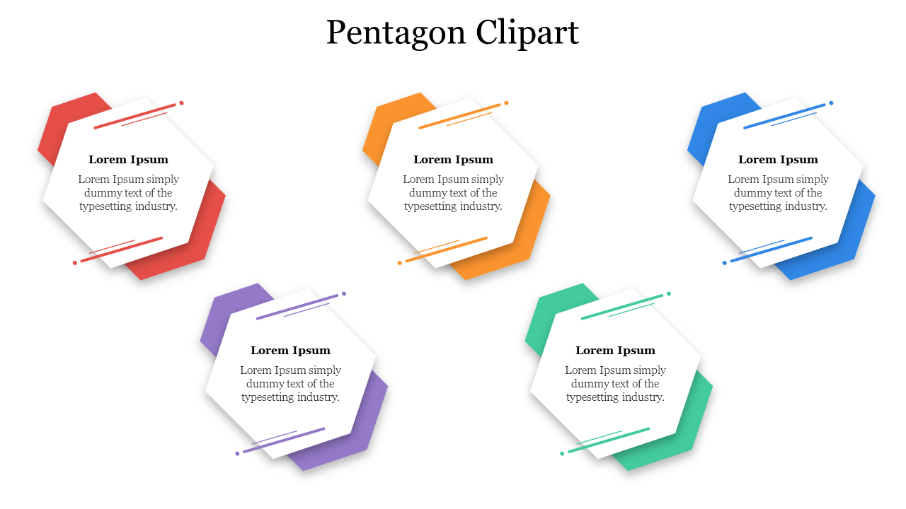 Colorful pentagon clipart PPT slide design with five different colored pentagons, each containing placeholder text.