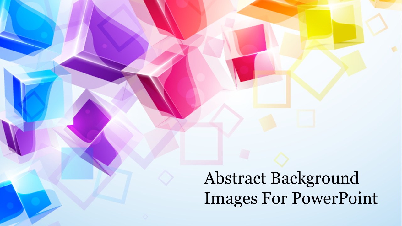 Colorful abstract background slide with overlapping geometric cubes and shapes in shades of blue, purple, pink, and yellow.