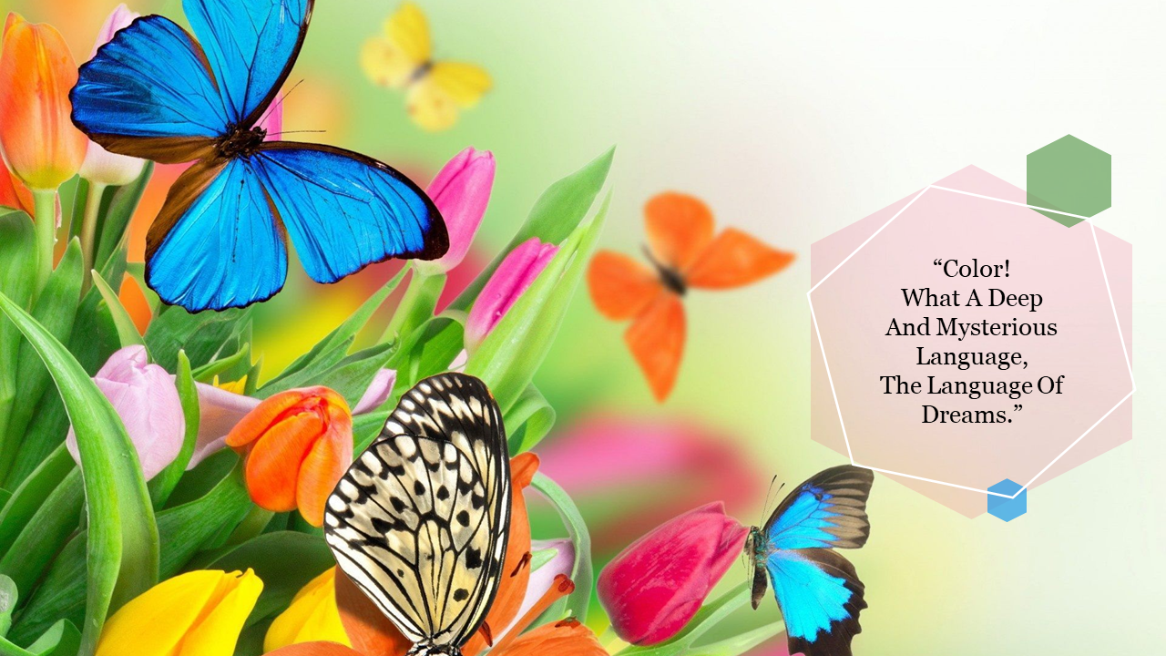 Colorful background slide with butterflies and flowers, featuring a quote about the deep and mysterious nature of color.