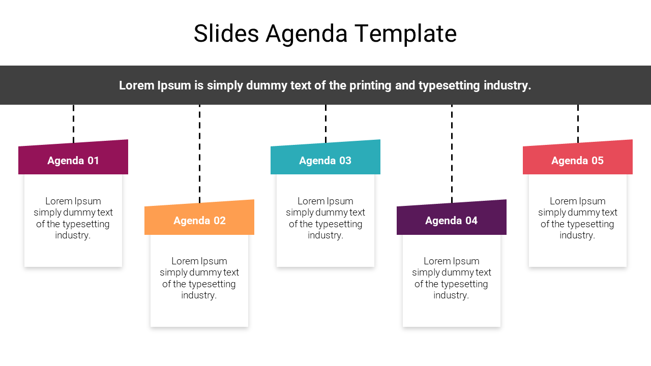 Five agenda cards with bold colored headers in pink, yellow, teal, purple, and orange, linked with dashed lines.