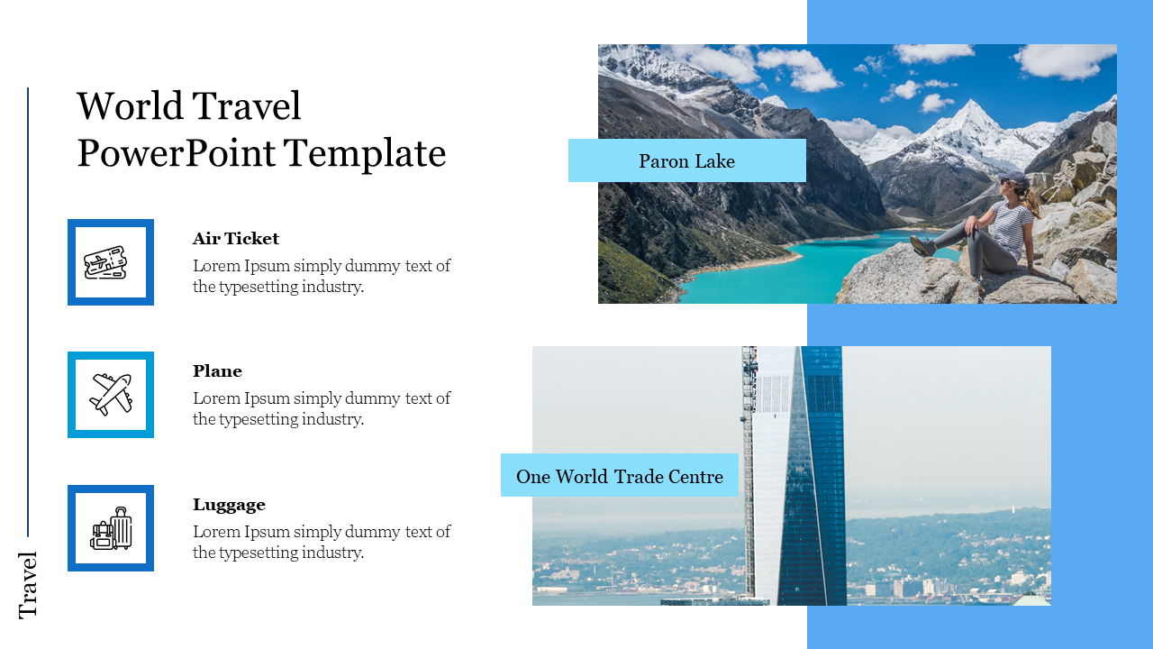 World Travel slide with icons for three sections alongside images of Paron Lake and the One World Trade Center.