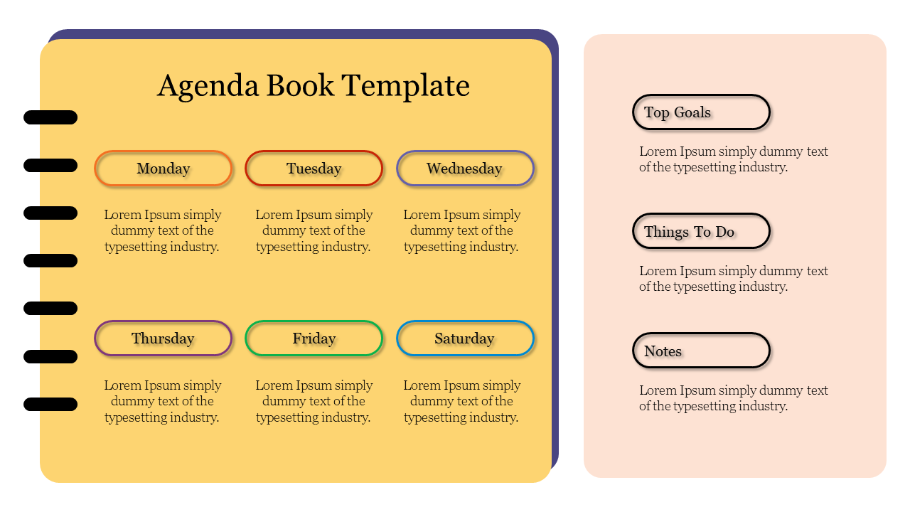 A spiral bound yellow agenda with colorful weekday ovals and a beige list for goals, tasks, and notes on the right.