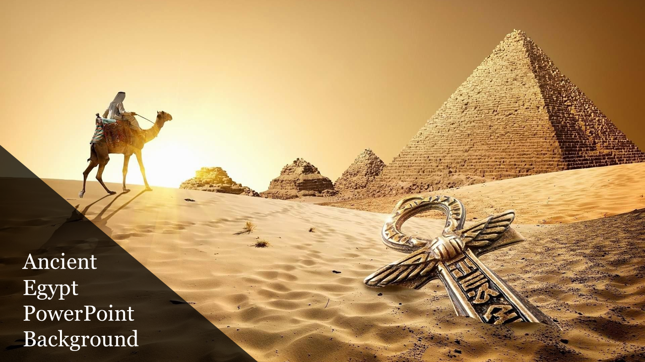 Sunset over Egyptian pyramids with a camel rider and an ankh symbol in the desert foreground with title text.