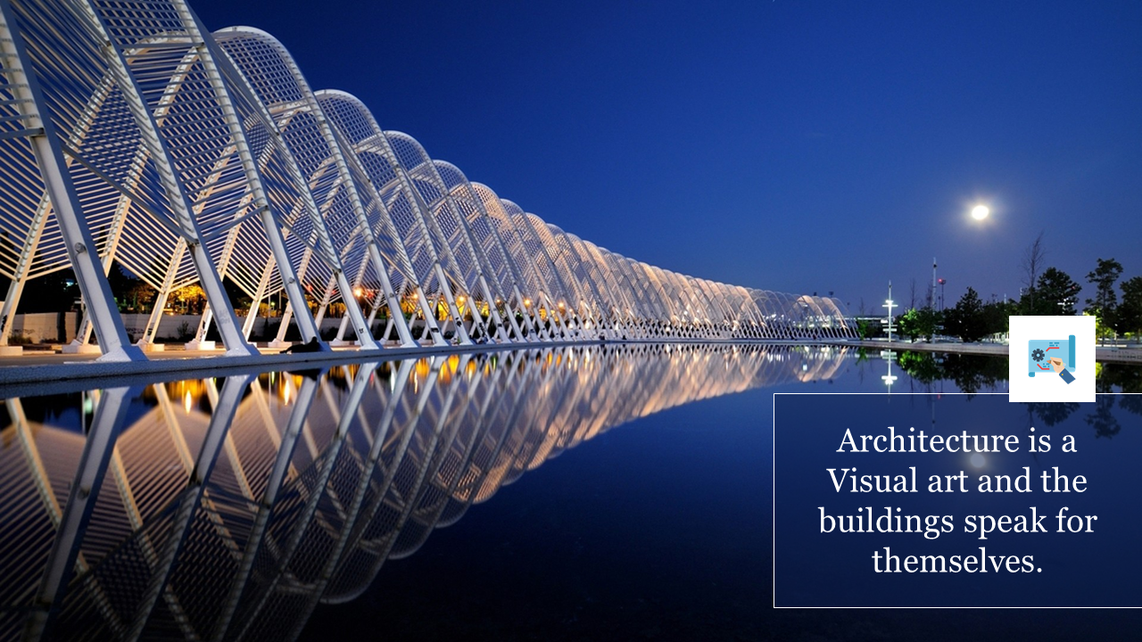 Modern architectural structure reflecting in water under a night sky, with a text box on the right.