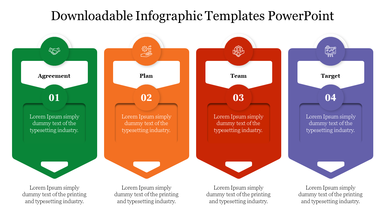 Colorful infographic slide featuring sections for agreement, plan, team, and target with icons and placeholder text.