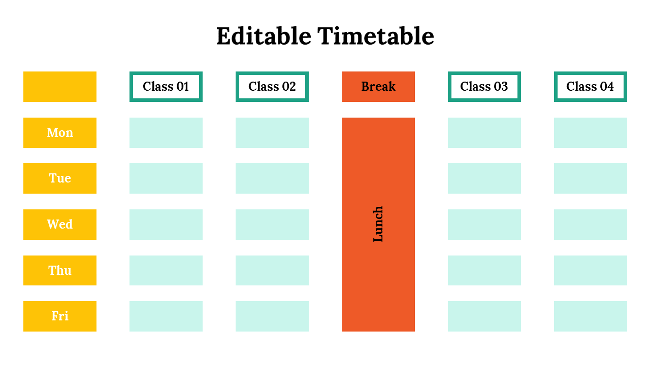 Timetable with a weekly layout showing Monday to Friday  four class slots per day, with a period highlighted in the middle.