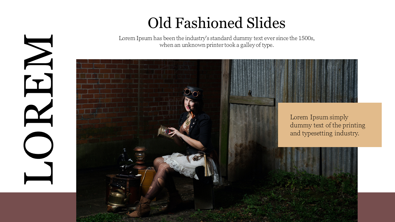 A woman in steampunk attire sits outdoors next to vintage lanterns depicting old fashioned slides.