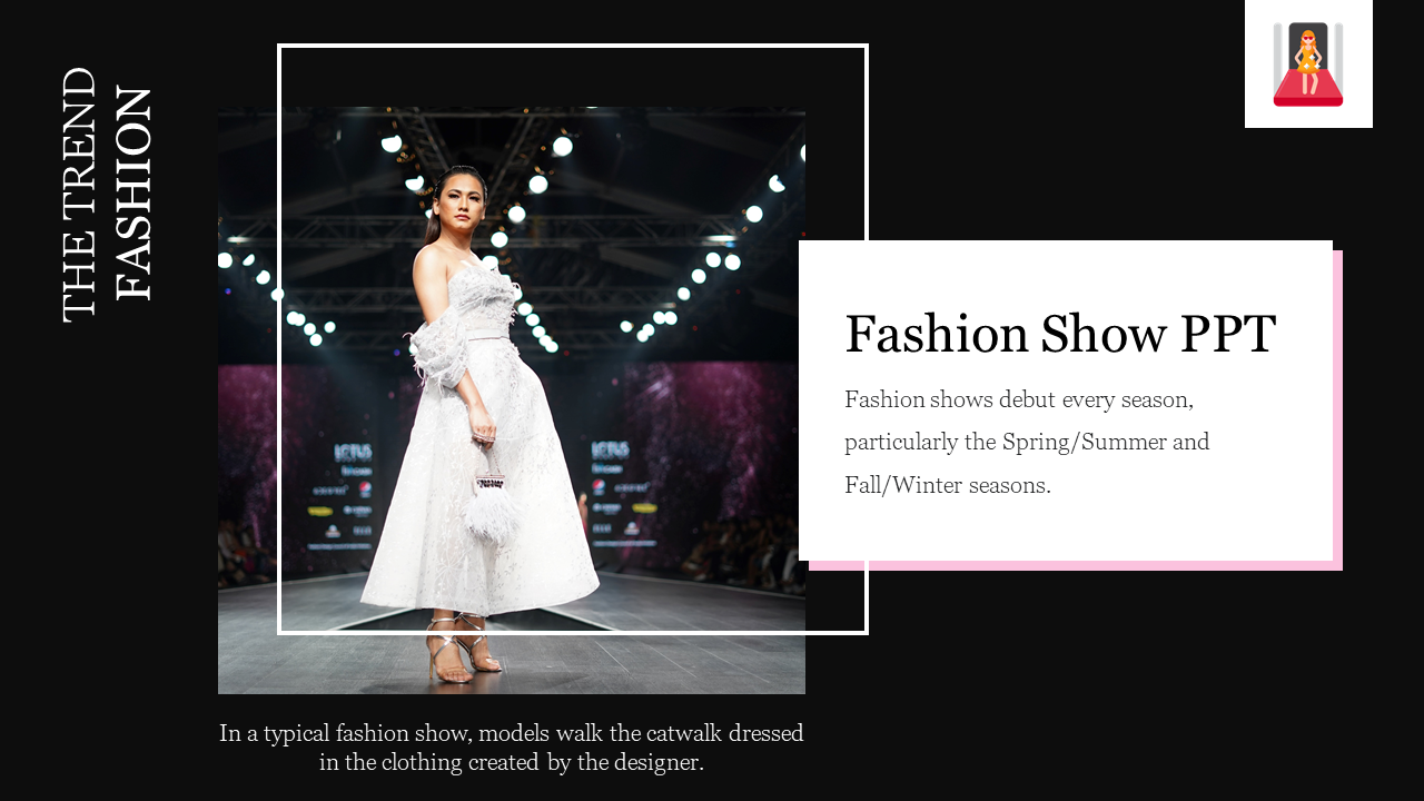 Fashion show model in a white dress on a runway with bright lights, surrounded by caption area and a dark background.