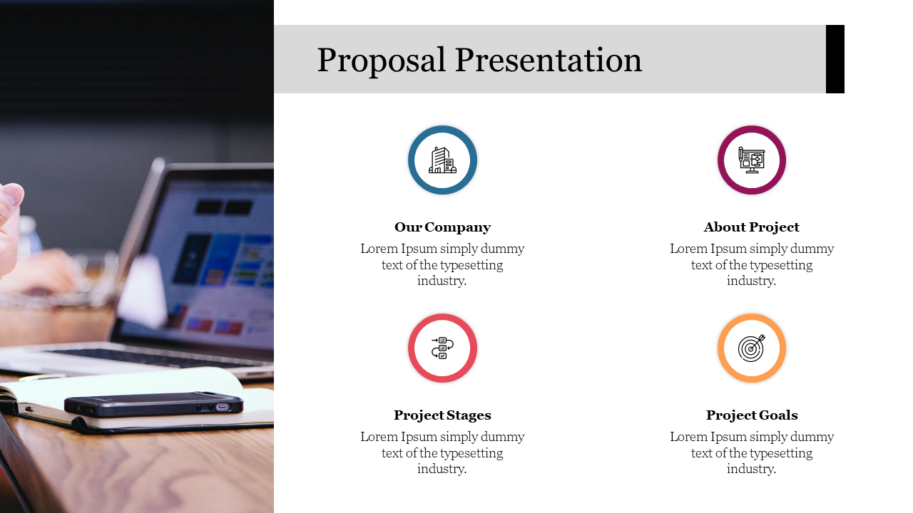 Proposal presentation slide with four sections from our company to  project Goals, each with an icon and descriptive text.