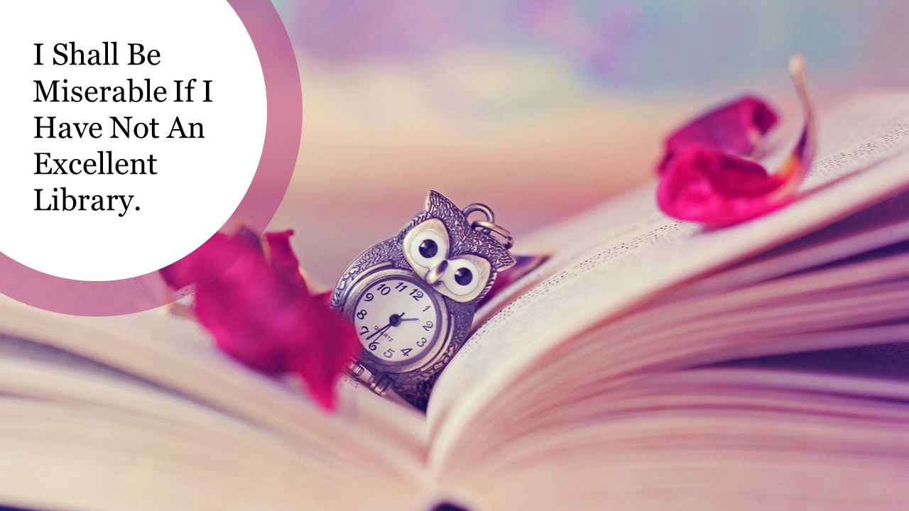 Cute pink soft, cozy book background PPT slide with an owl shaped clock and a quote about the importance of a good library.