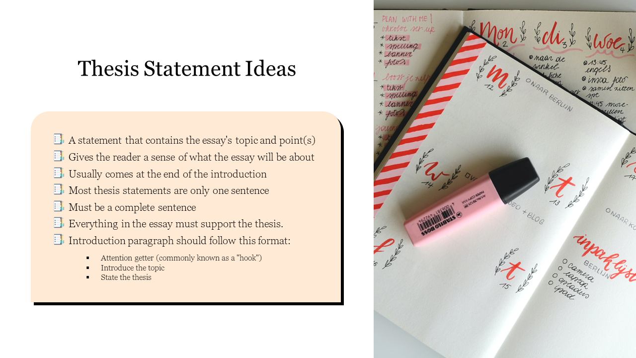 Thesis statement guide outlined in bullet points paired with an image of a planner and stationery.