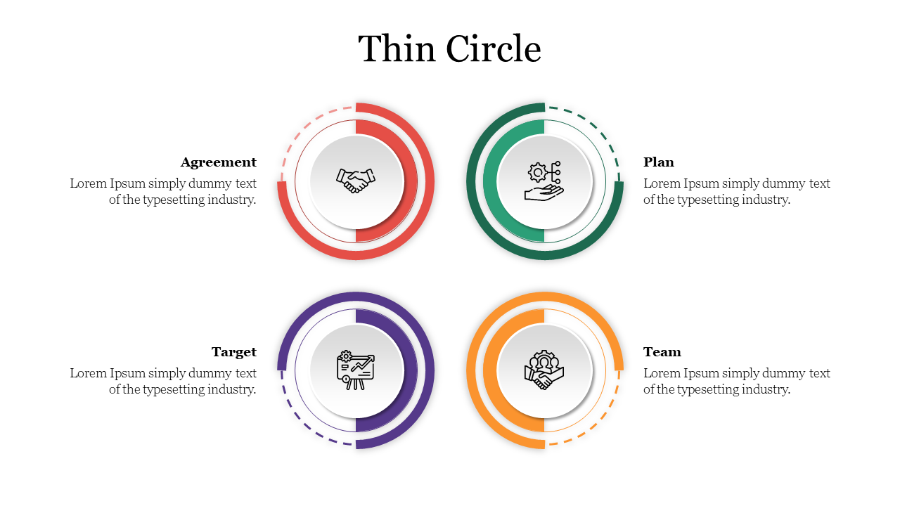 Slide featuring a thin circle design with four sections each accompanied by corresponding icons and placeholder text.