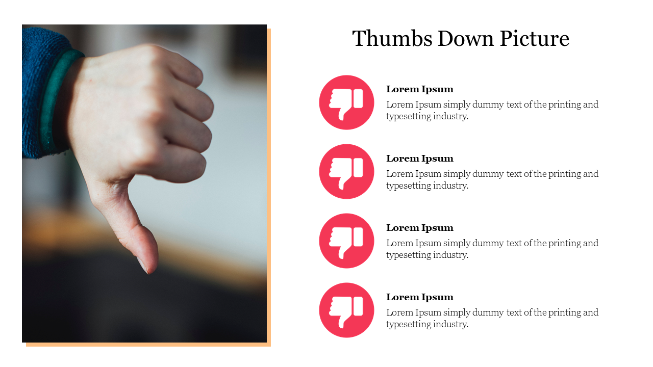 Image of a person giving a thumbs down gesture, with a blurred background and four icons on the right side.