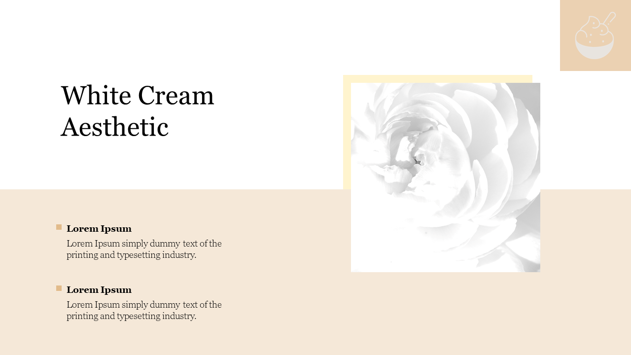 Minimalist white cream aesthetic slide with text placeholders and a subtle flower image.