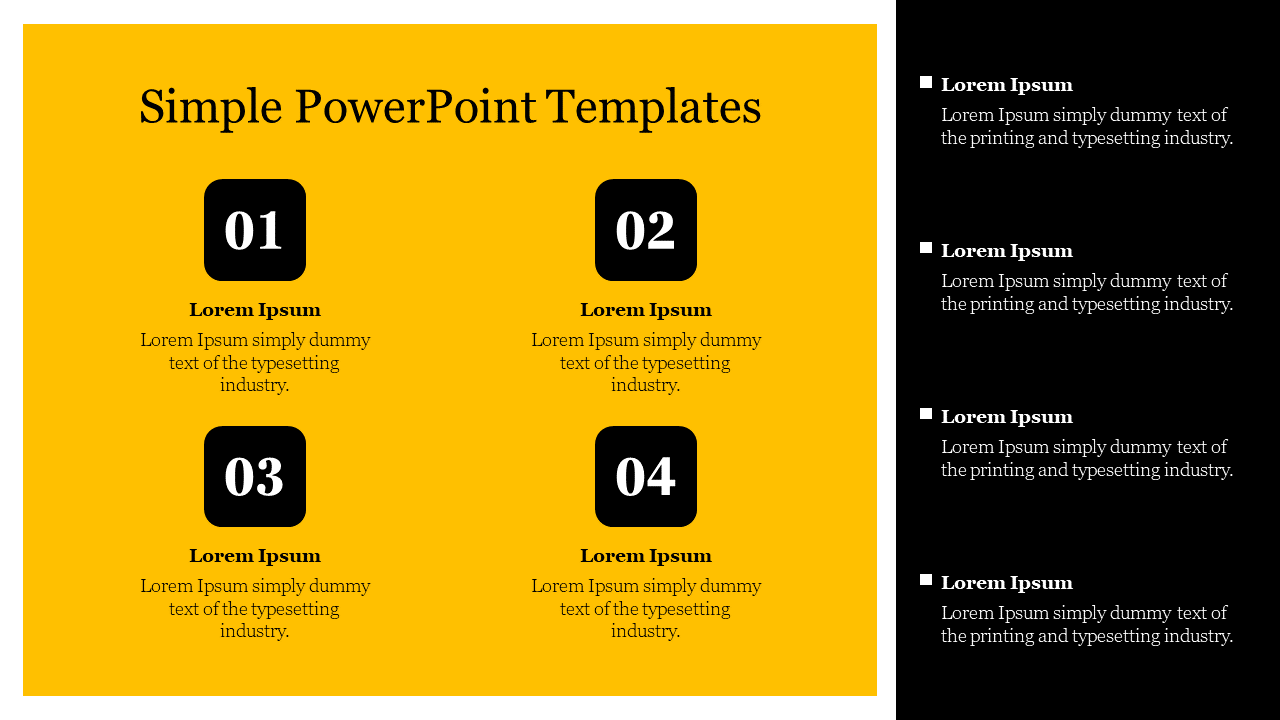 Simple PowerPoint template with numbered sections and placeholder text on a yellow and black background with text.