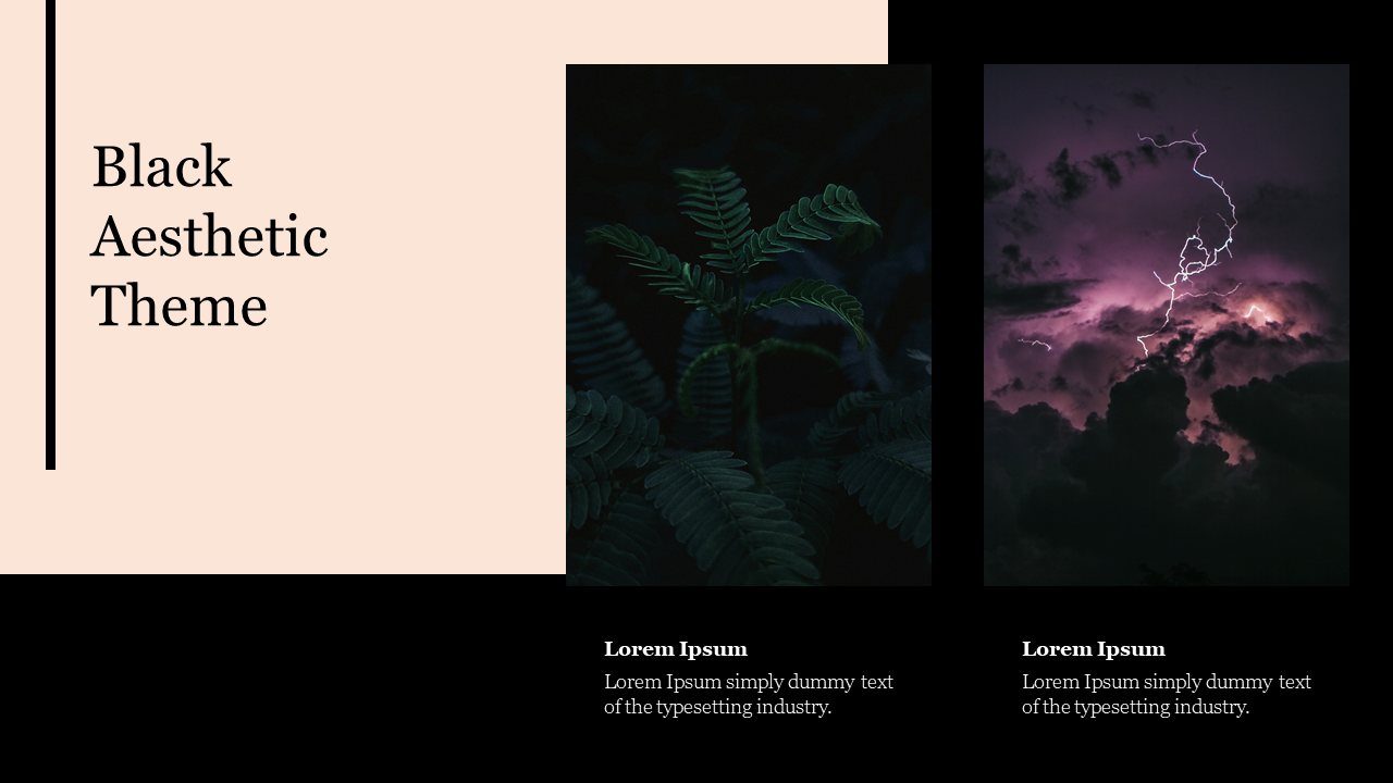 Black aesthetic theme slide featuring two dark, moody images one of a fern plant and another of a stormy sky with lightning.